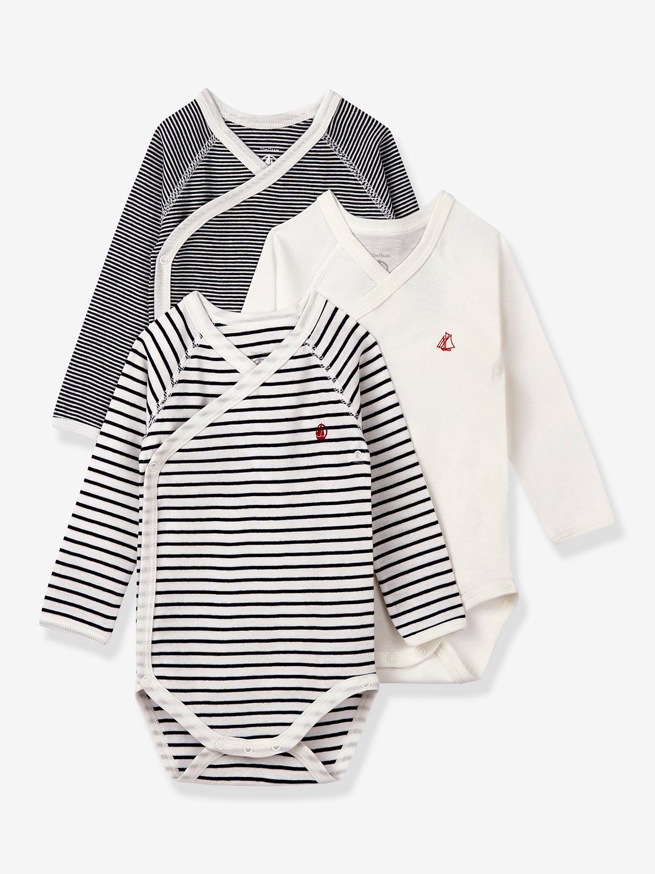 Set of 3 Long Sleeve Wrapover Bodysuits, Striped, for Newborn Babies, in Organic Cotton, by Petit Bateau blue medium two color/multicol