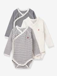 Baby-Bodysuits & Sleepsuits-Set of 3 Long Sleeve Wrapover Bodysuits, Striped, for Newborn Babies, in Organic Cotton, by Petit Bateau