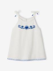 Girls-Blouses, Shirts & Tunics-Sleeveless Blouse with Embroidered Flowers, in Linen-Effect Fabric, for Girls