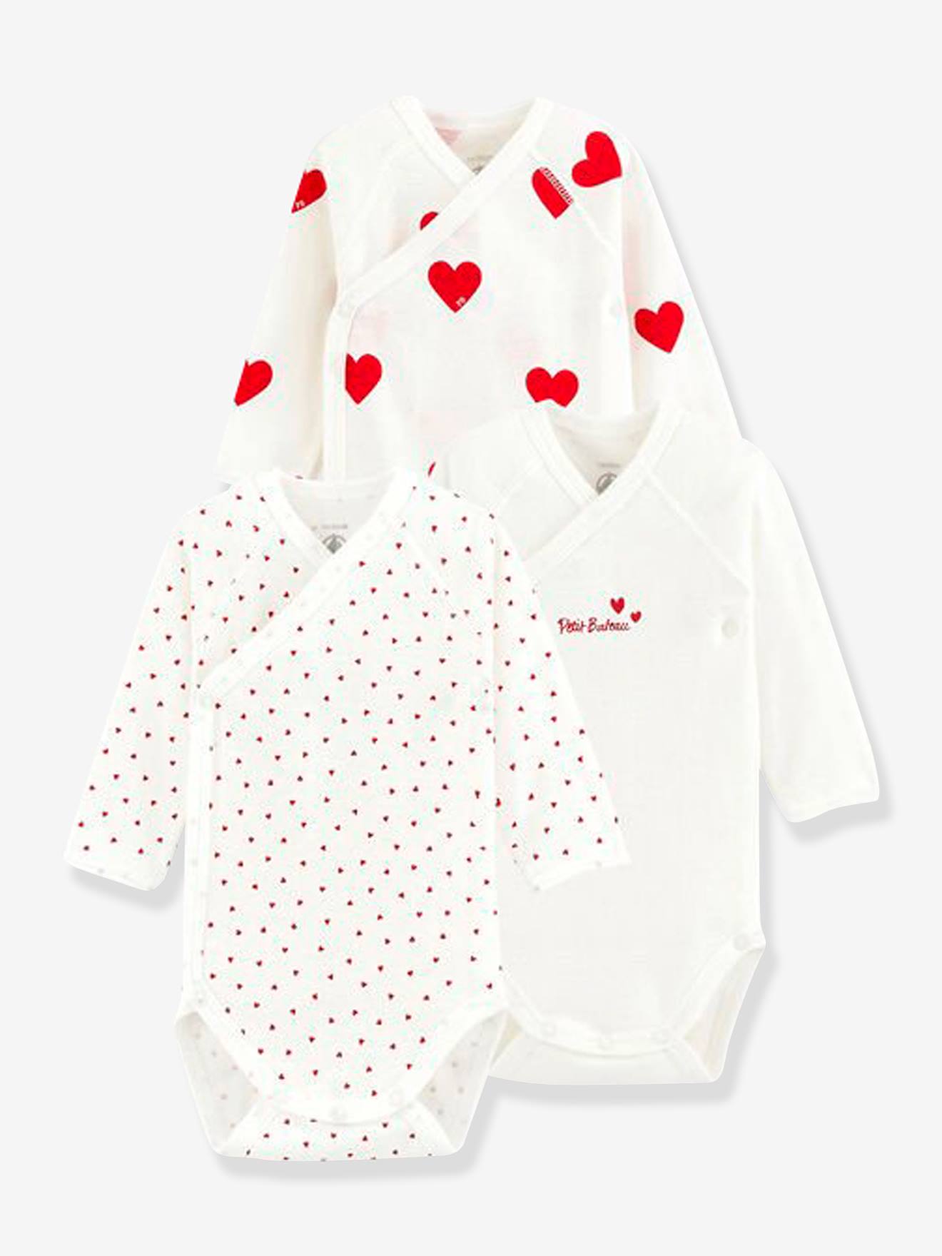 Set of 3 Long Sleeve Wrapover Bodysuits with Hearts in Organic Cotton for Newborn Babies, by Petit Bateau white light two color/multicol