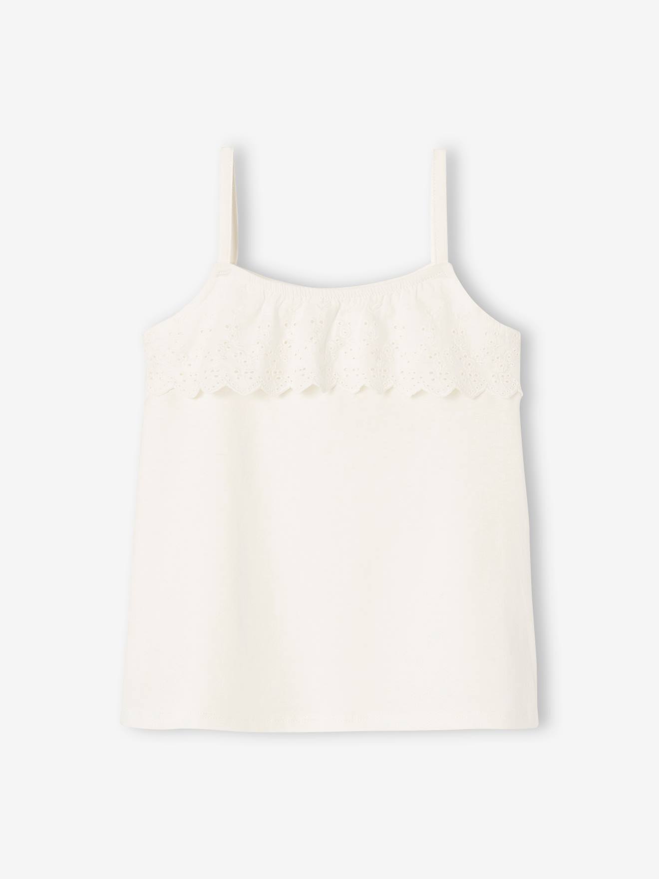 Sleeveless Top with Ruffles in Broderie Anglaise for Girls white medium solid