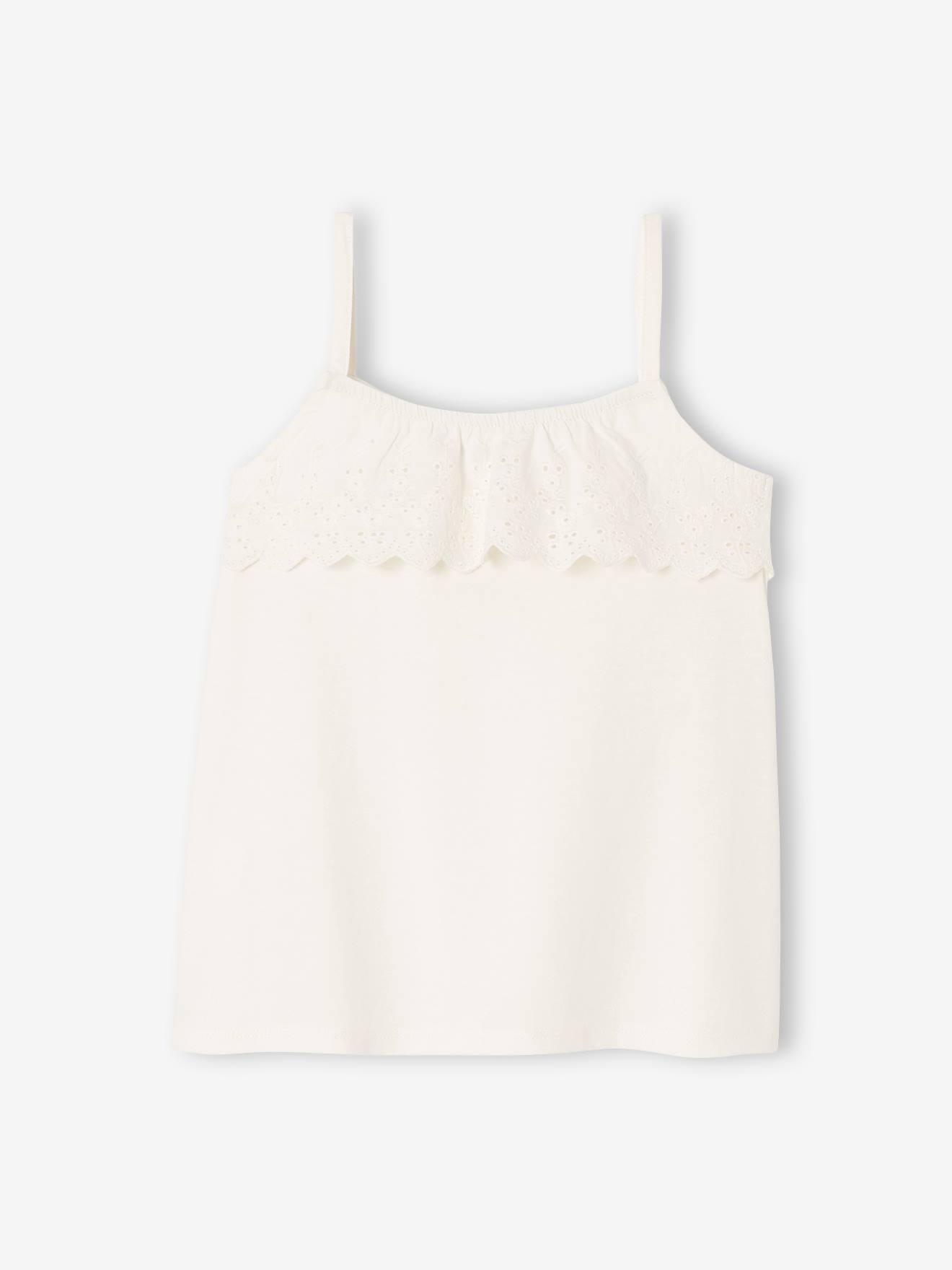 Sleeveless Top with Ruffles in Broderie Anglaise for Girls white medium  solid, Girls Vertbaudet