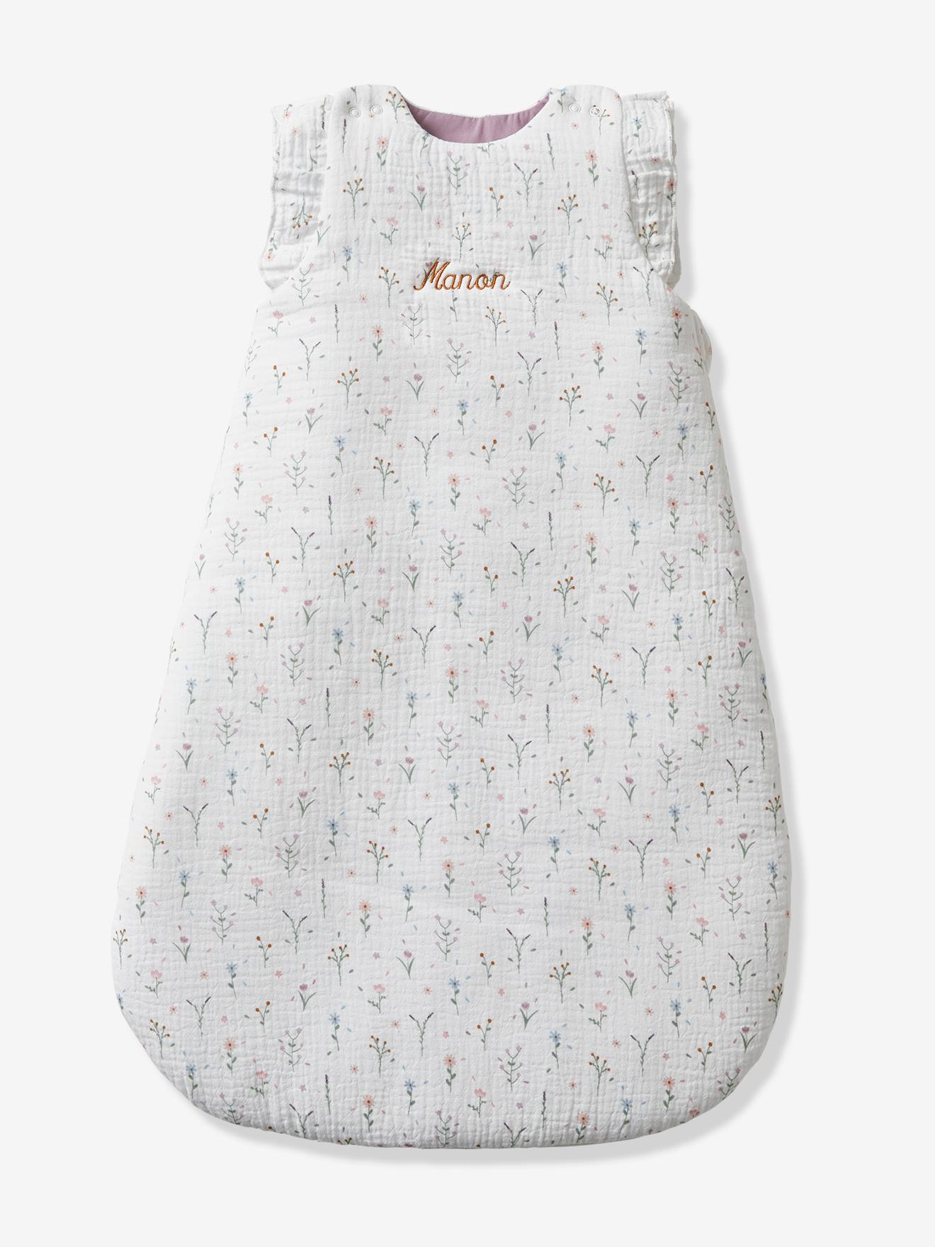 Sleeveless Baby Sleep Bag in Cotton Gauze, Sweet Provence white light all over printed