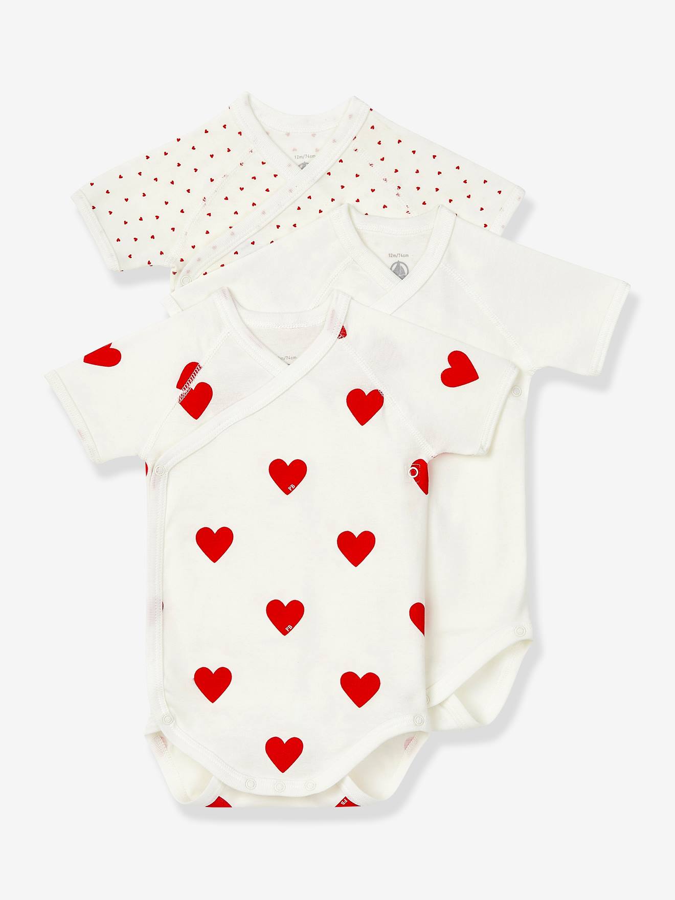 Set of 3 Short Sleeve Wrapover Bodysuits with Hearts in Organic Cotton for Newborn Babies