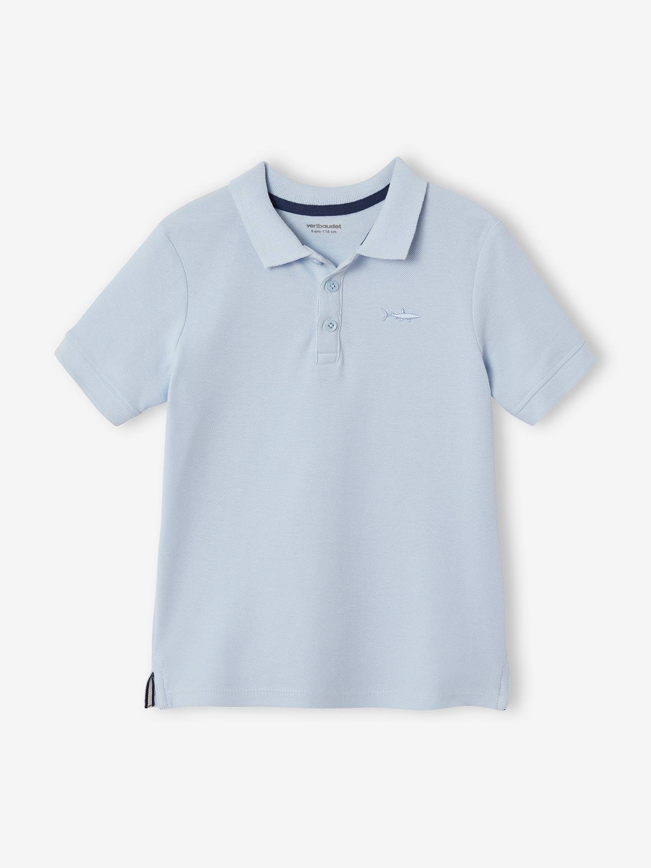 Short Sleeve Polo Shirt, Embroidery on the Chest, for Boys blue light solid with design