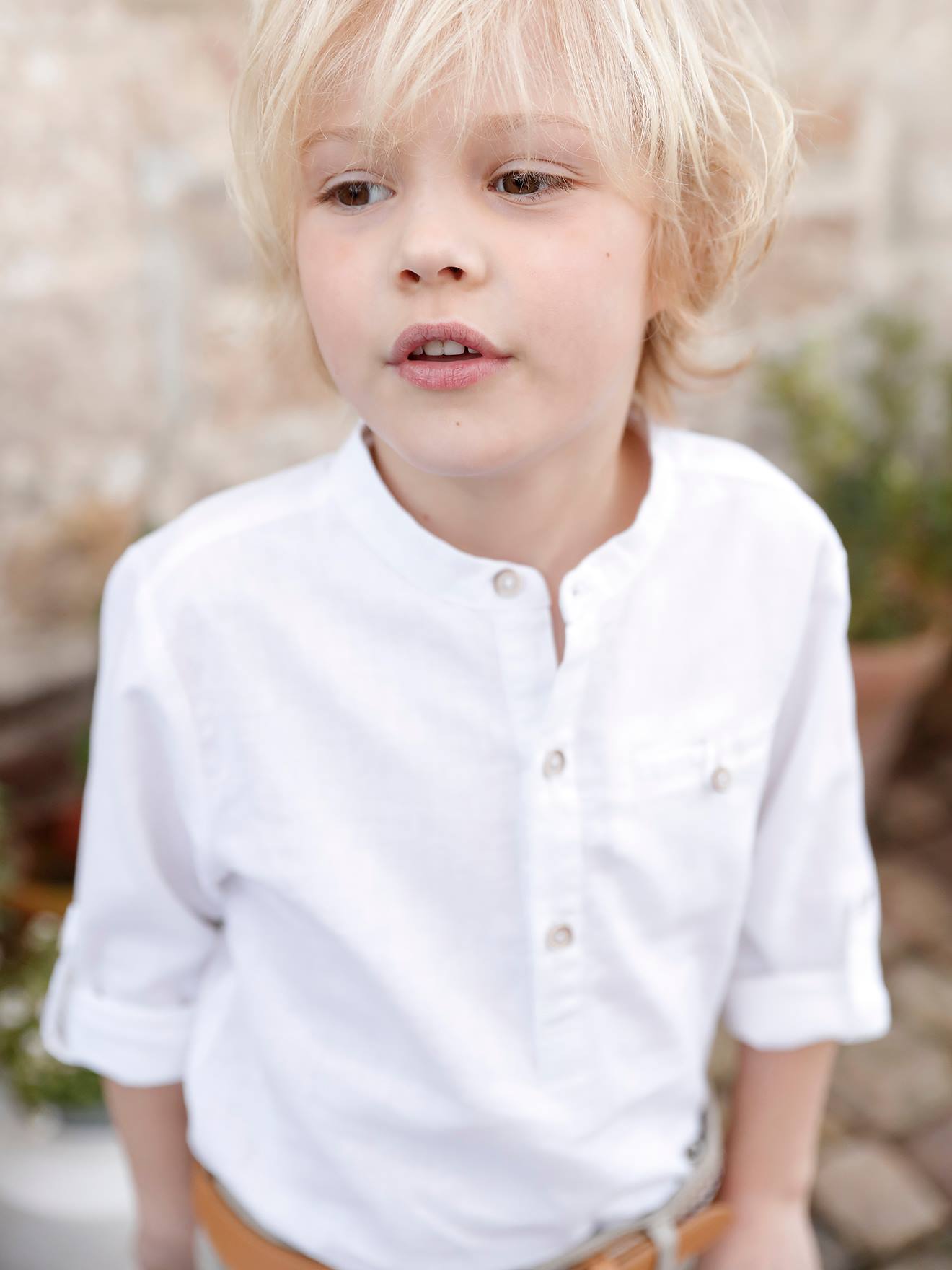 Shirt in Linen/Cotton, Mandarin Collar, Long Sleeves, for Boys - white,  Boys