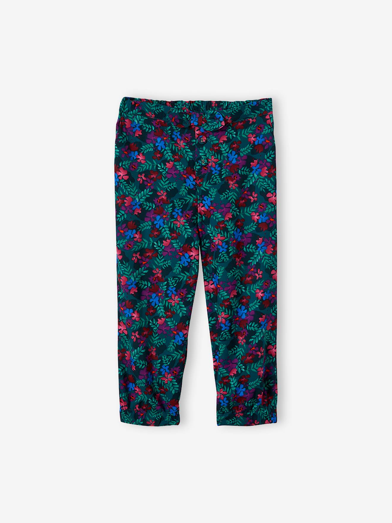 Fluid Cropped Trousers for Girls green dark all over printed