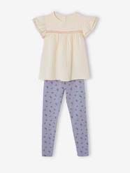 Girls-Cardigans, Jumpers & Sweatshirts-Sweatshirts & Hoodies-Printed Blouse & Leggings Ensemble, in Cotton Gauze, for Girls