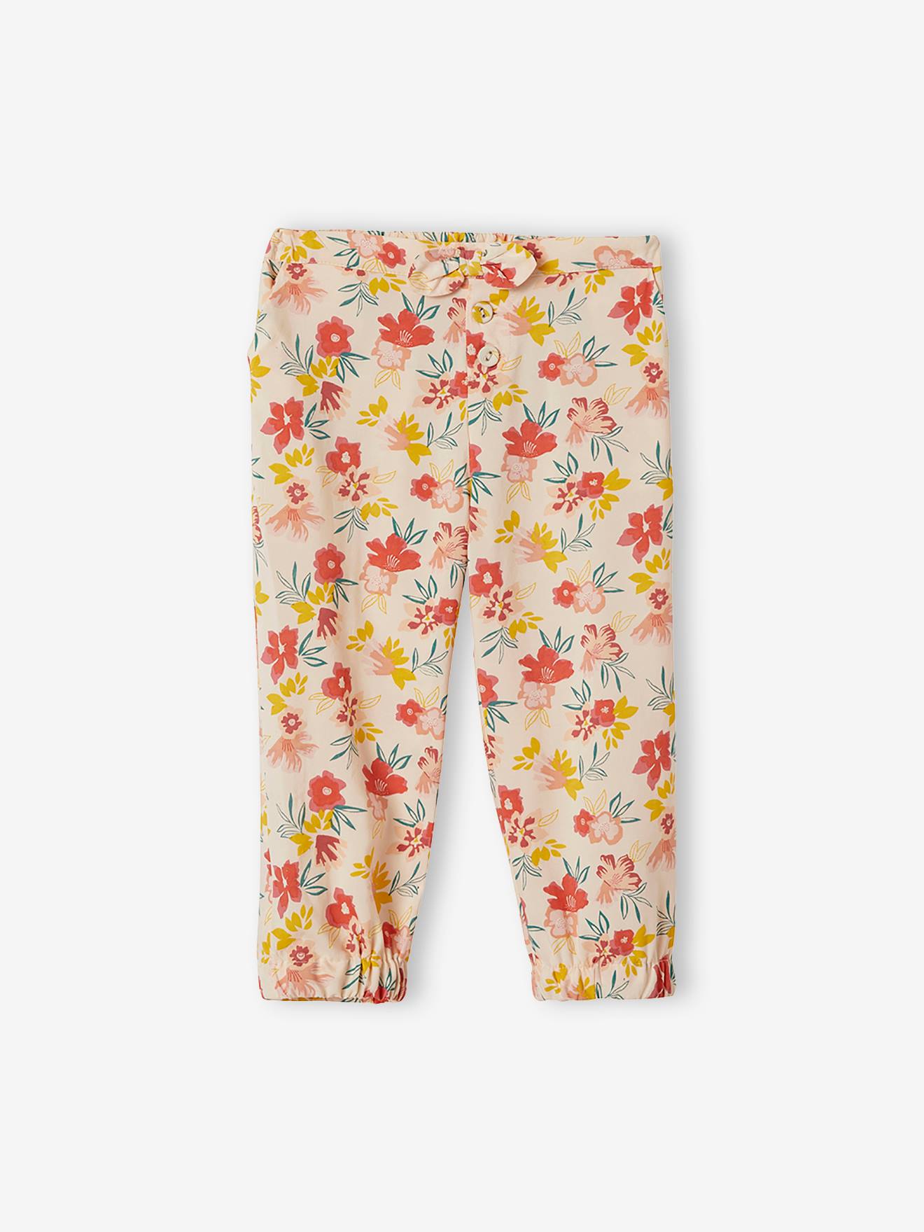 Fluid Cropped Trousers for Girls pink light all over printed