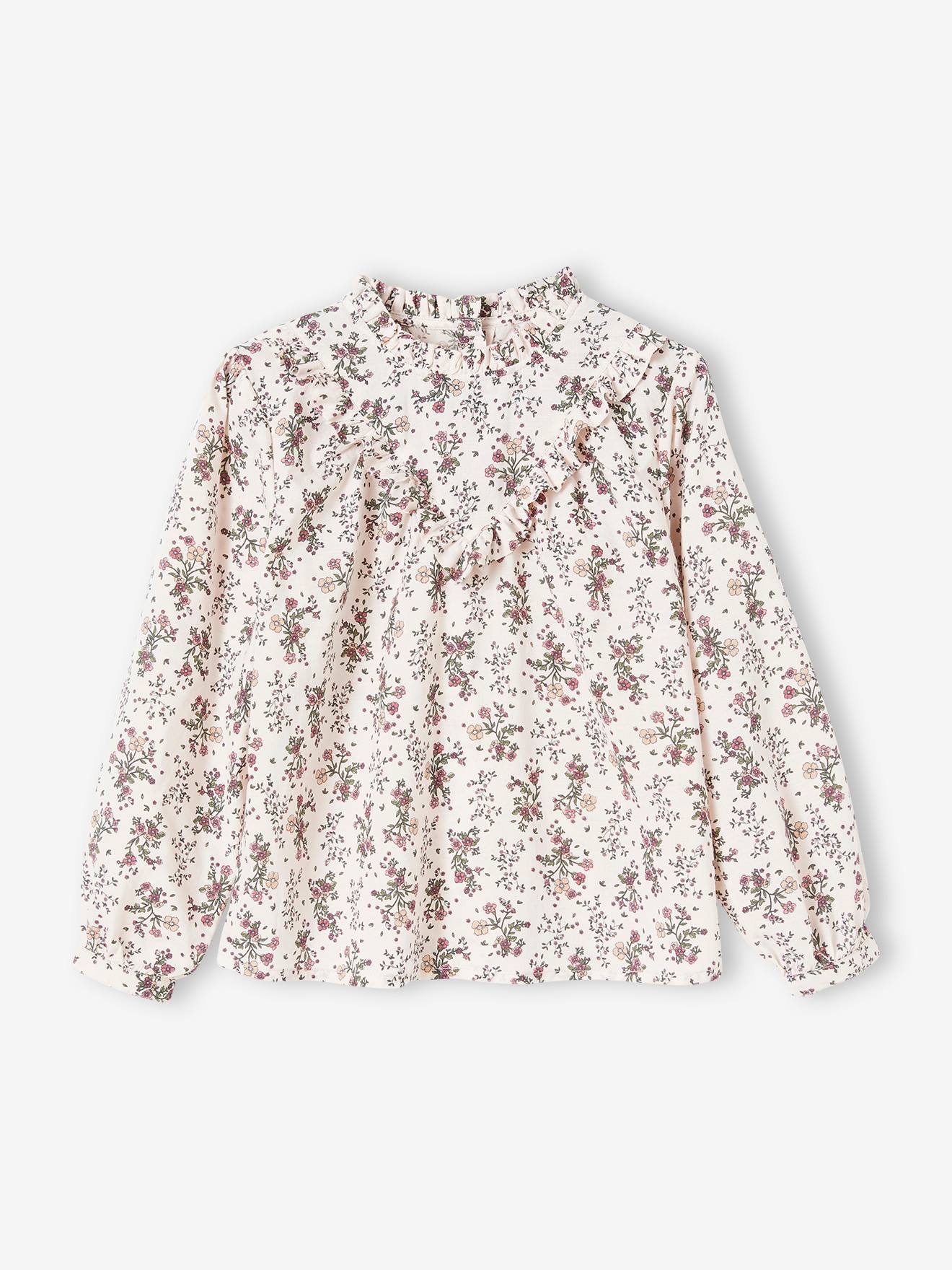 Blouse with Crew Neck & Floral Print for Girls pink light all over printed