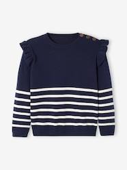 Girls-Cardigans, Jumpers & Sweatshirts-Jumpers-Striped Jumper with Ruffled Shoulders for Girls