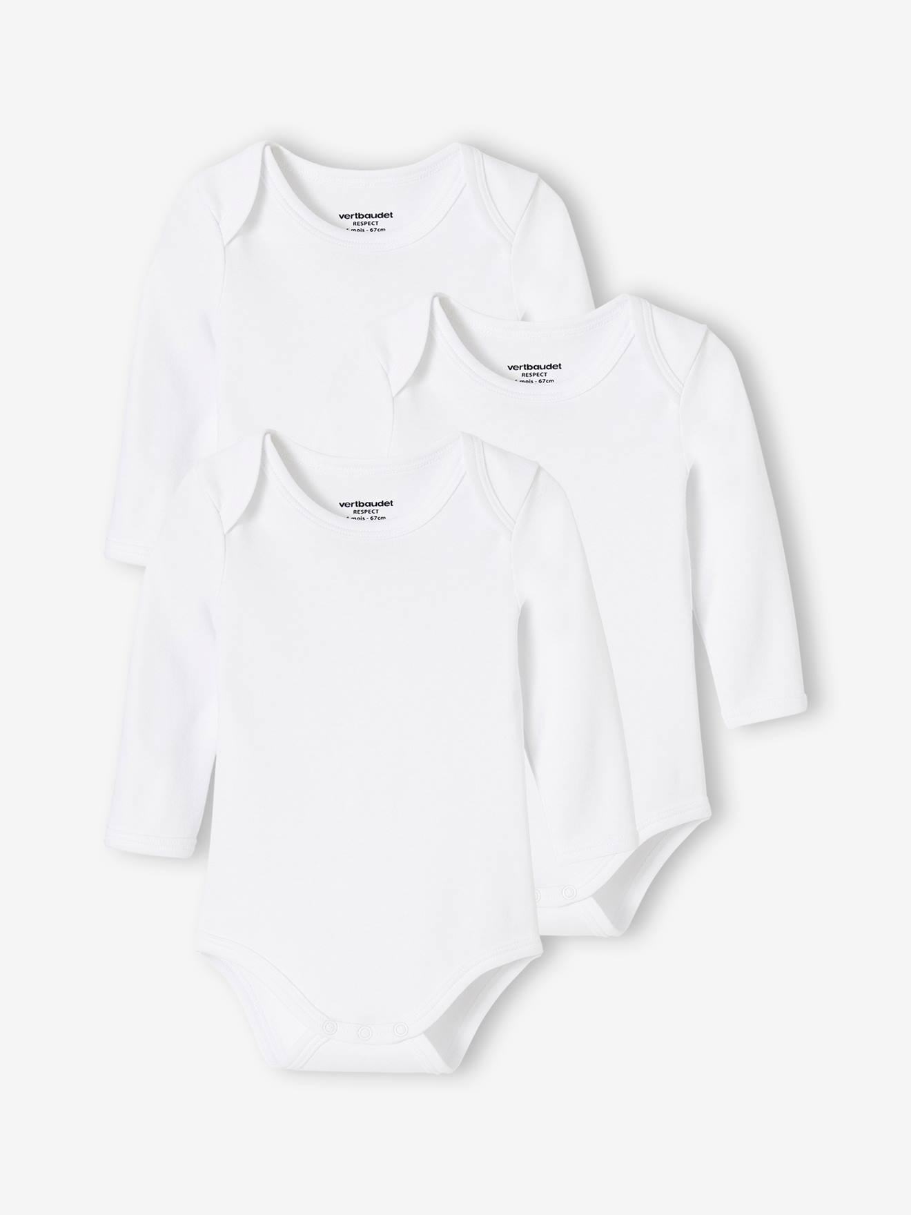 Pack of 3 Long Sleeve Bodysuits in Organic Cotton, Full-Length Opening, for Babies white light two color/multicol