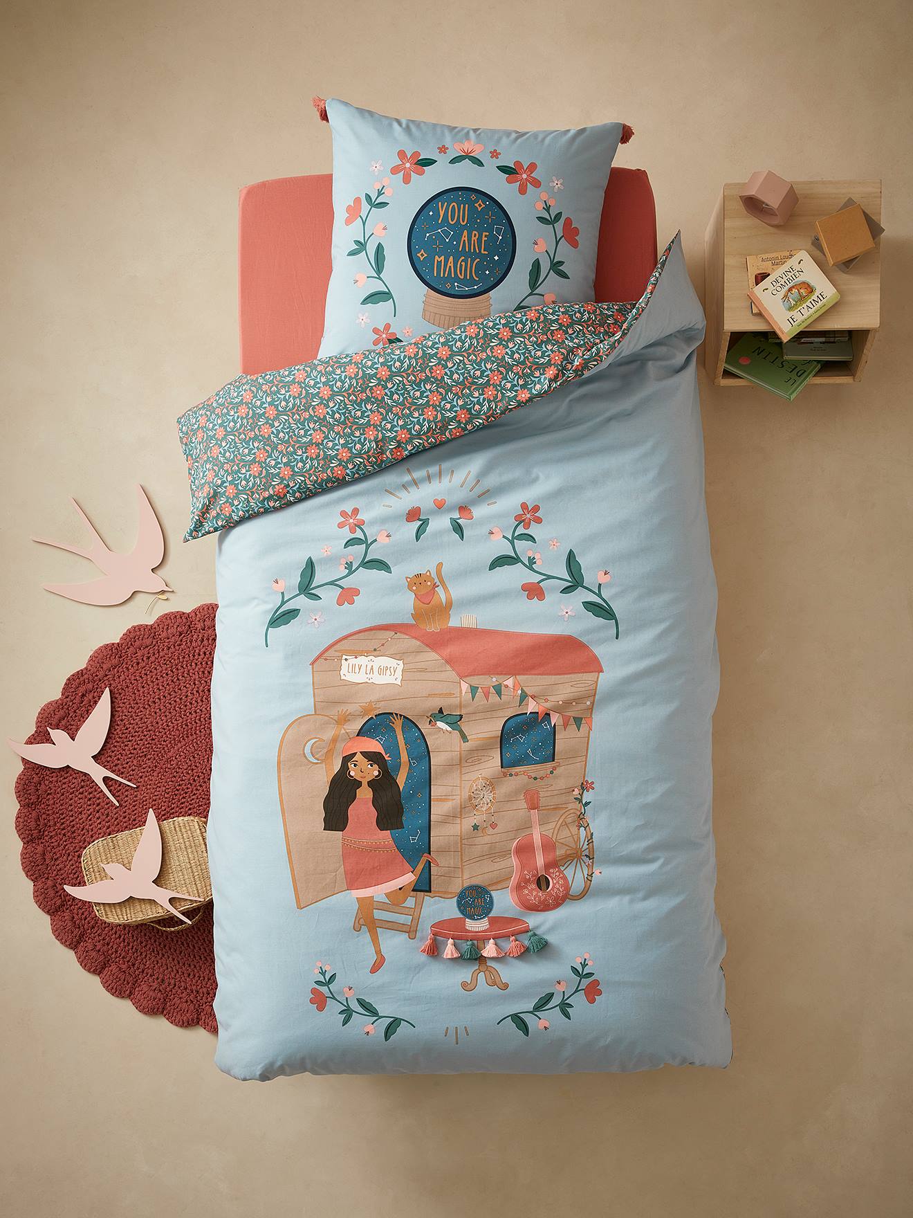 Duvet Cover & Pillowcase Set for Children, Gypsy Caravan blue medium solid with design