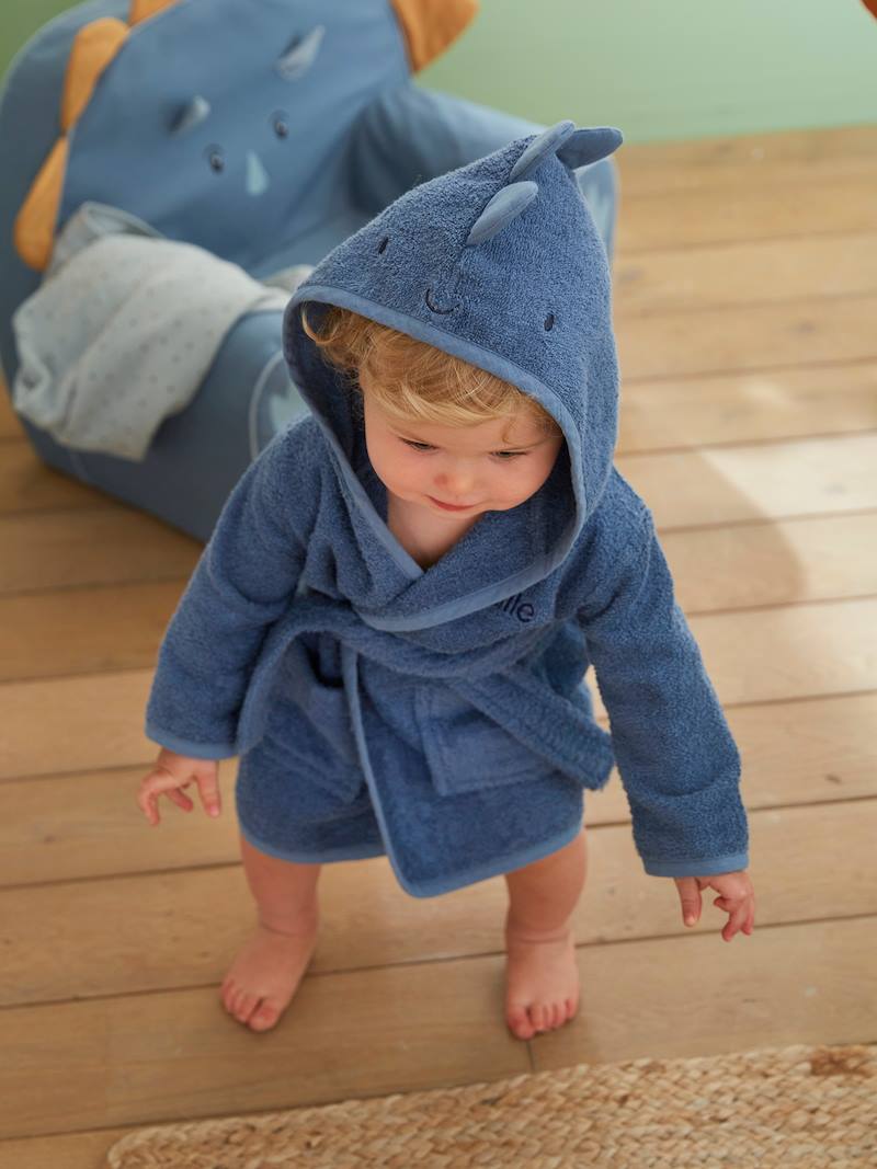Little Dino Bathrobe for Babies blue dark solid, Baby Vertbaudet