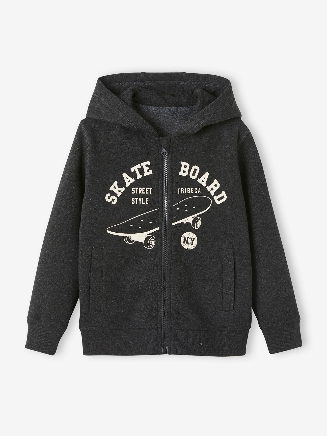 Zipped Jacket with Hood, Skateboard Motif, for Boys black dark mixed color