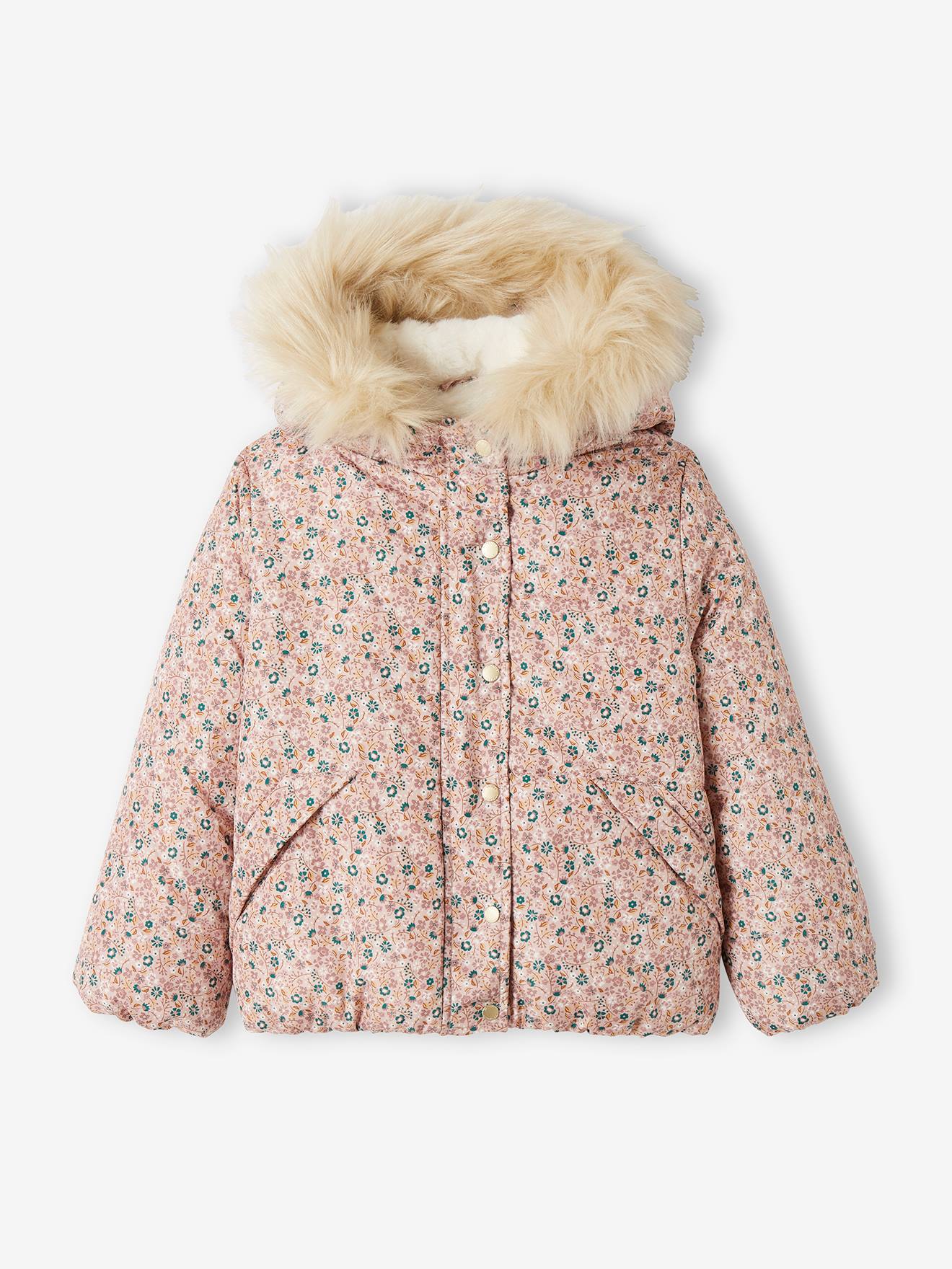 Short Padded Jacket with Hood & Flower Print