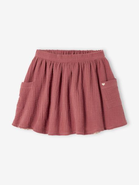 Reversible Skirt, Plain or with Floral Print, for Girls - brown dark solid  with design, Girls | Vertbaudet