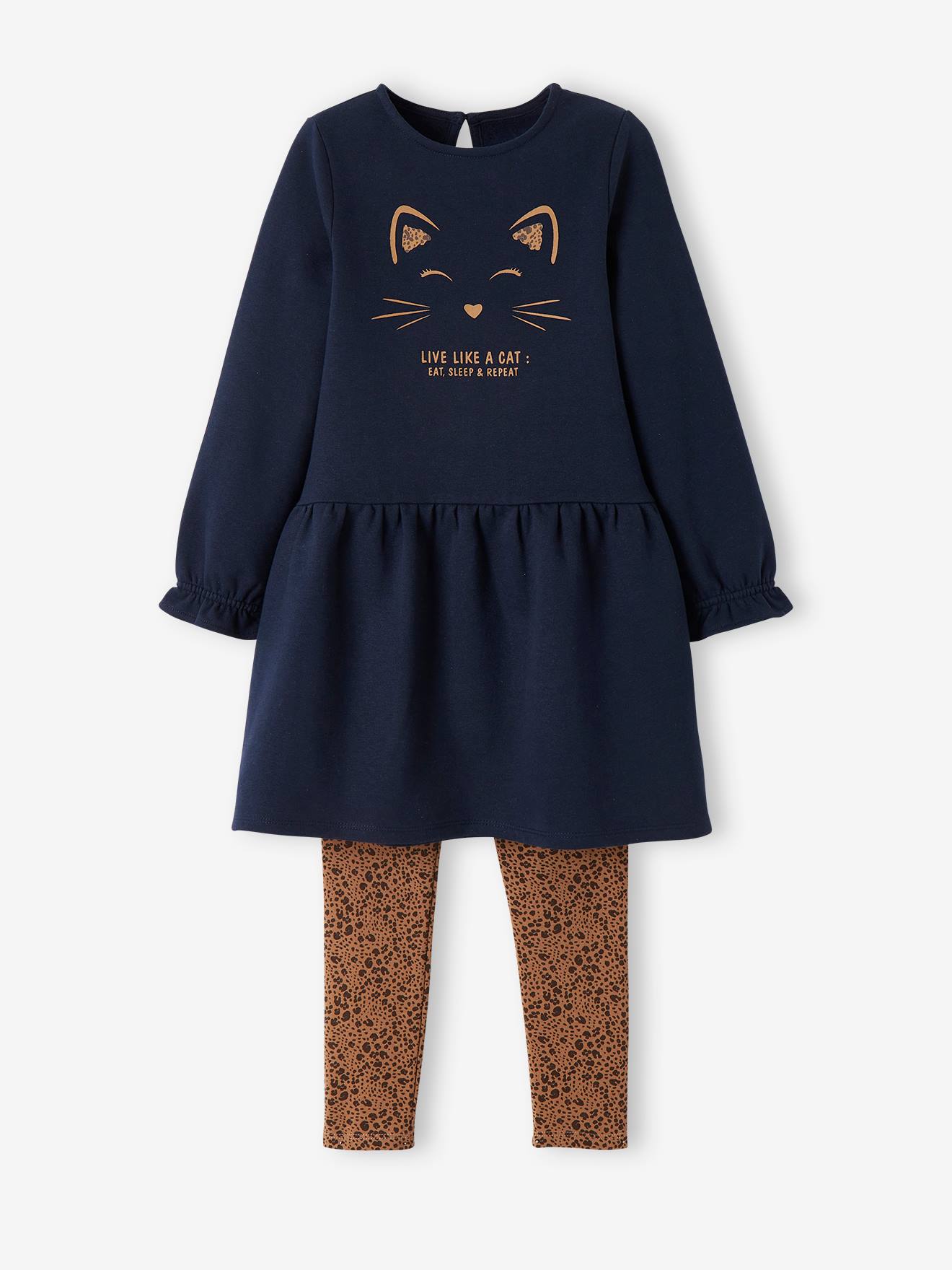 Fleece Dress & Leggings Combo, for Girls blue dark solid with design