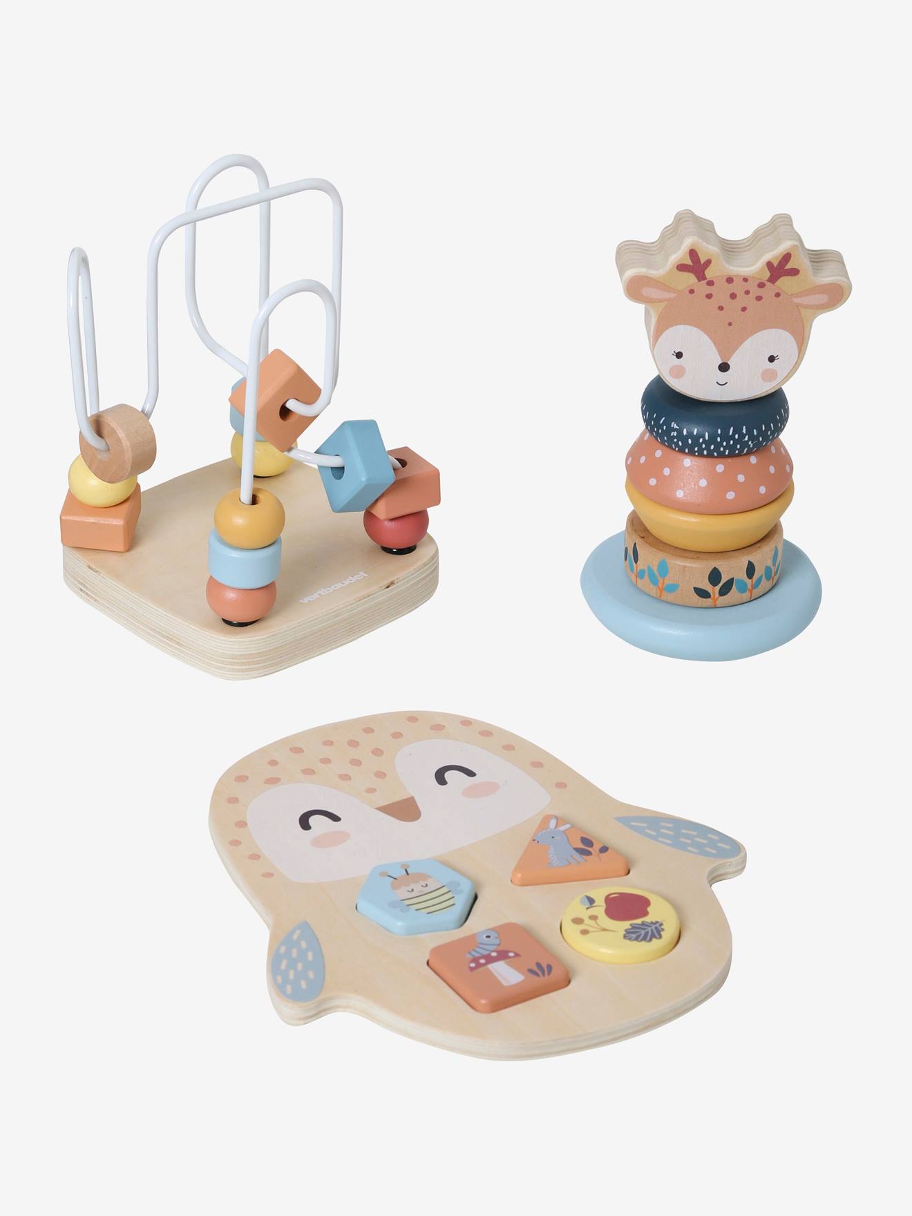 Enchanted Forest Box Set with 3 Early Learning Toys in FSC(r) Wood beige light solid with design