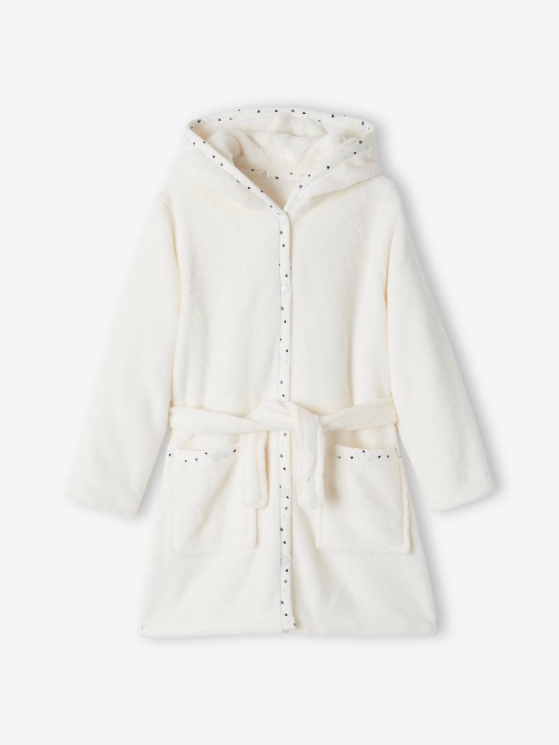 Cat Dressing Gown in Plush Fabric for Girls white light solid with design, Girls Vertbaudet