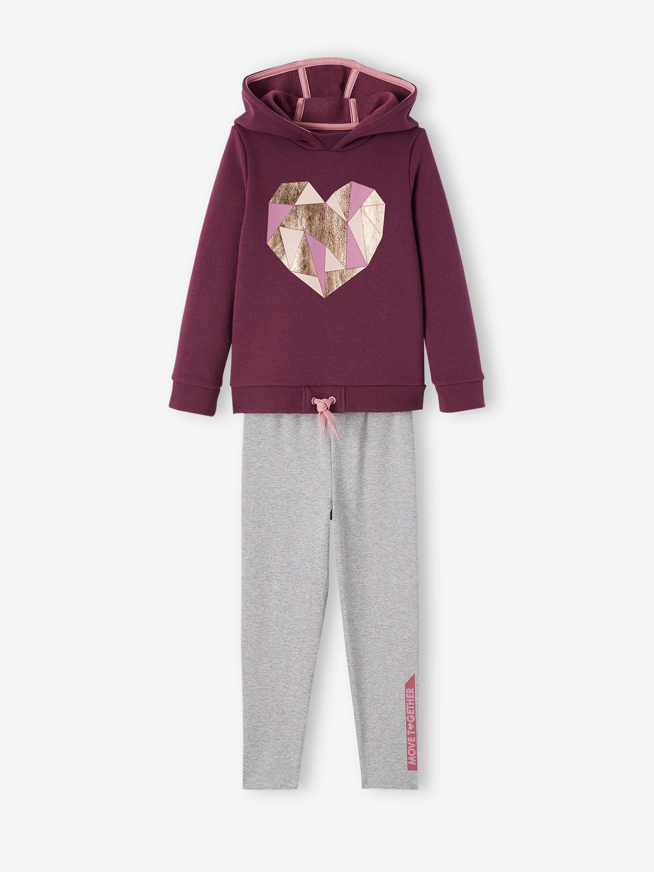 Sports Combo: Sweatshirt with Heart & Leggings, for Girls - purple dark  solid with design, Girls