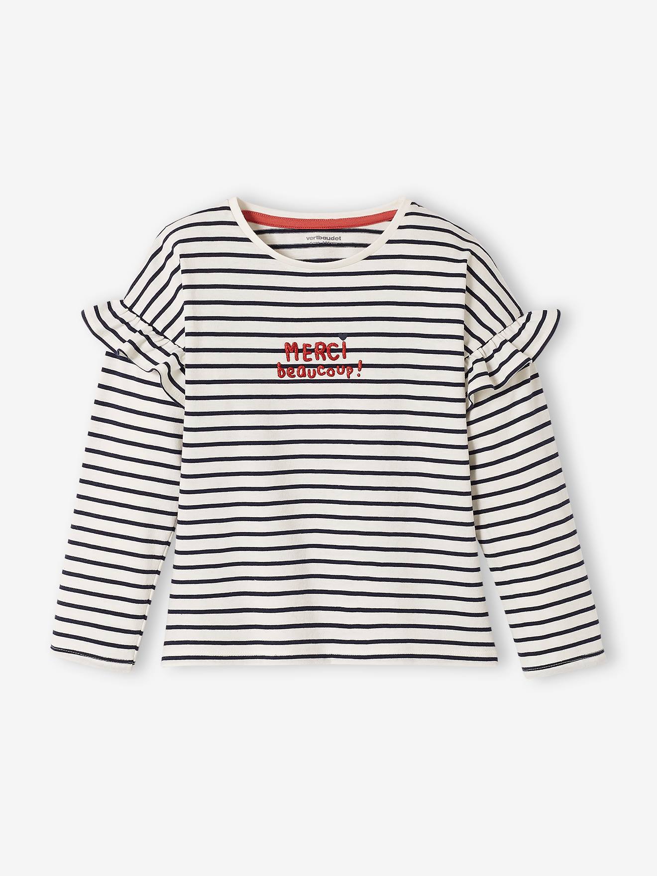 Top with Message, Ruffled Sleeves, for Girls white light striped
