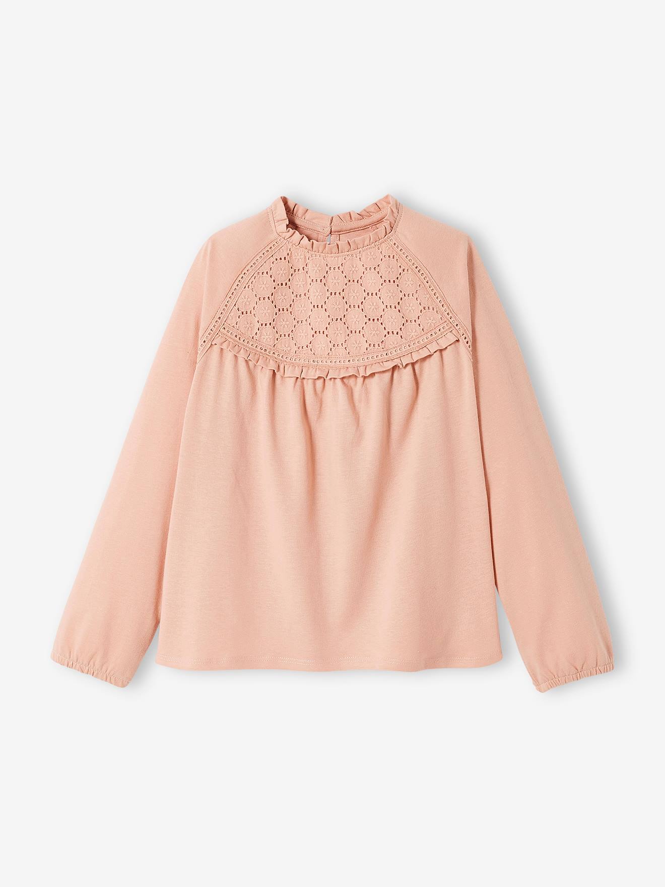 Top with Detail in Broderie Anglaise, for Girls pink medium solid