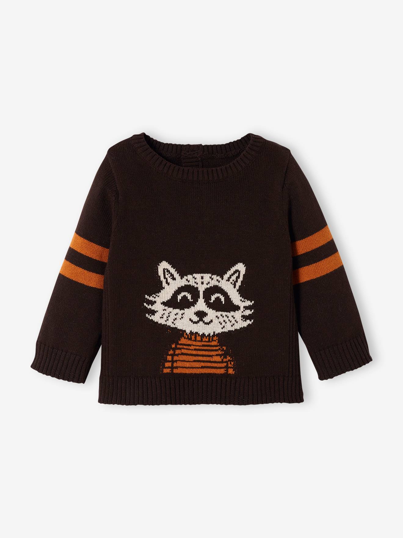 Knitted Raccoon Jumper for Babies brown dark solid with design Baby Vertbaudet