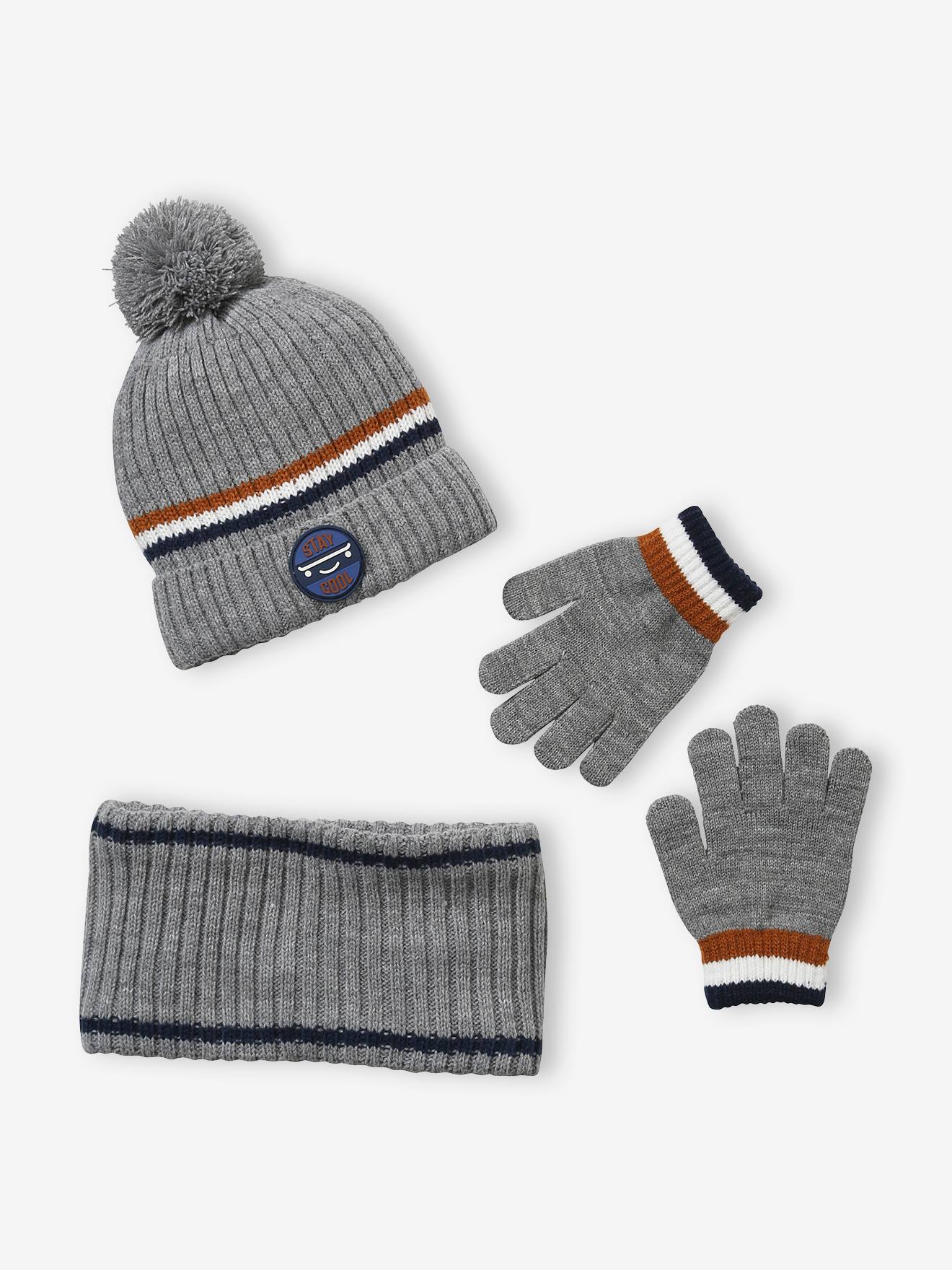 Beanie + Snood + Gloves Set in Rib Knit for Boys grey medium two color/multicol