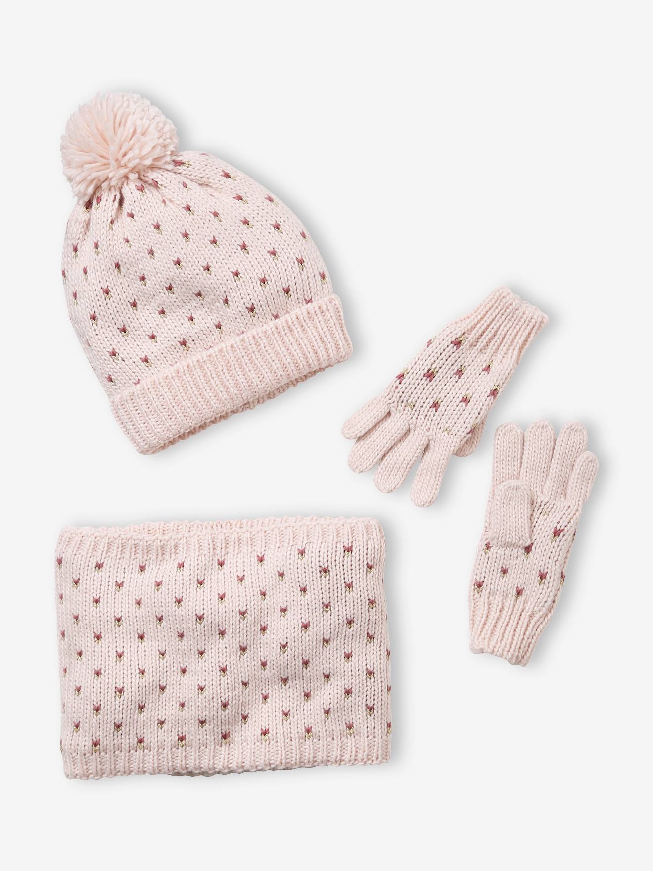 Beanie + Snood + Gloves with Hearts Set for Girls pink light solid with design