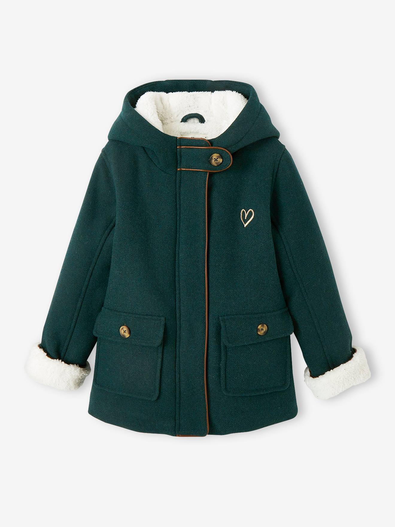 Woollen Coat with Hood & Sherpa Lining for Girls green dark solid with design