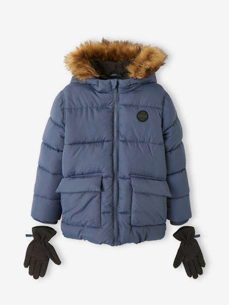 Hooded Jacket Lined in Polar Fleece, with Gloves, for Boys BLUE MEDIUM SOLID WITH DESIGN+BROWN MEDIUM SOLID WITH DESIGN+fir green 