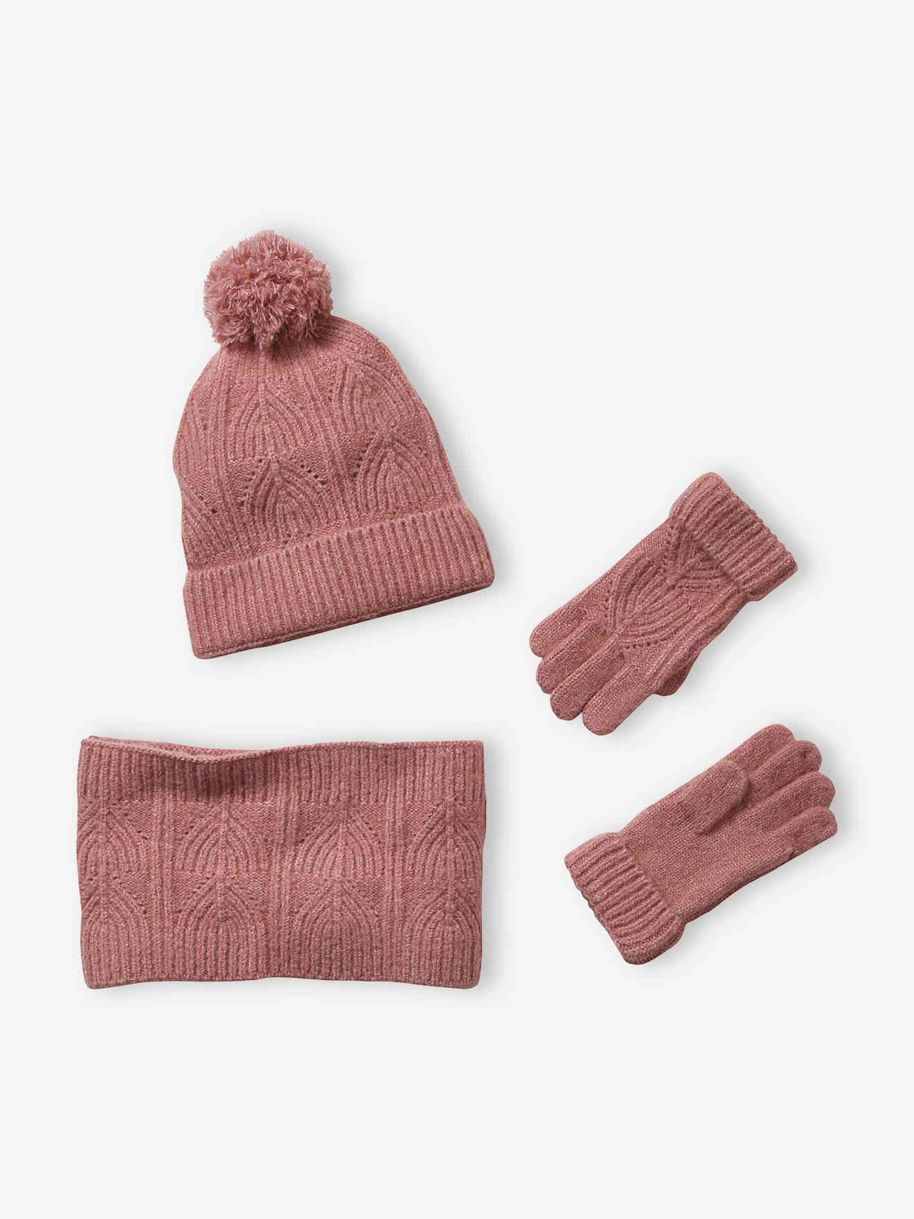 Beanie + Snood + Mittens Set in Shimmering Cable-Knit pink medium solid