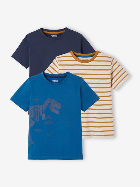 Pack of 3 Assorted T-Shirts for Boys BLUE LIGHT TWO COLOR/MULTICOL+BLUE MEDIUM SOLID WITH DESIGN+BROWN MEDIUM 2 COLOR/MULTICOL+GREY LIGHT MIXED COLOR+YELLOW LIGHT 2 COLOR/MULTICOL 