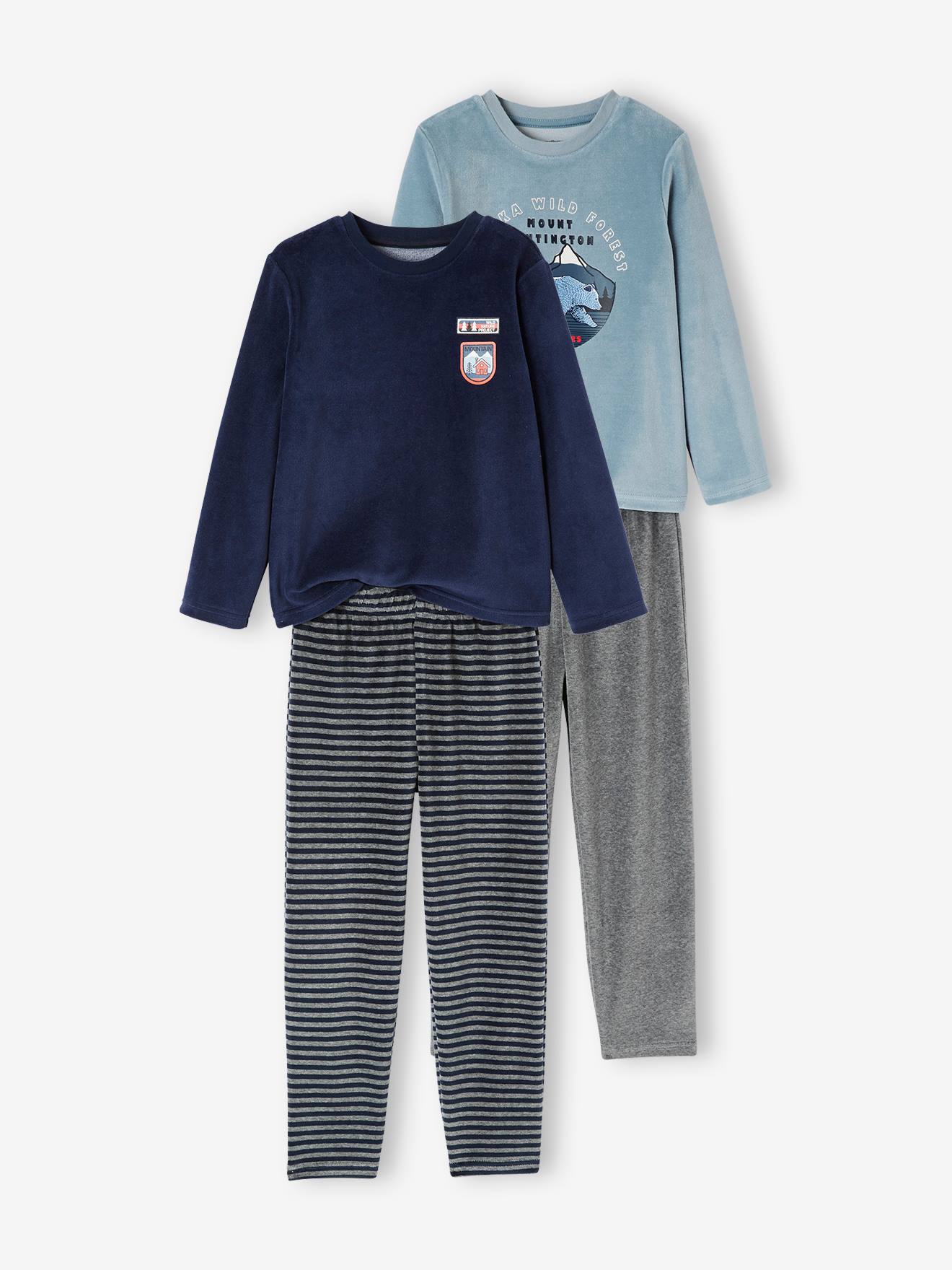 Pack of 2 "Nature" Pyjamas in Velour for Boys blue dark solid with design