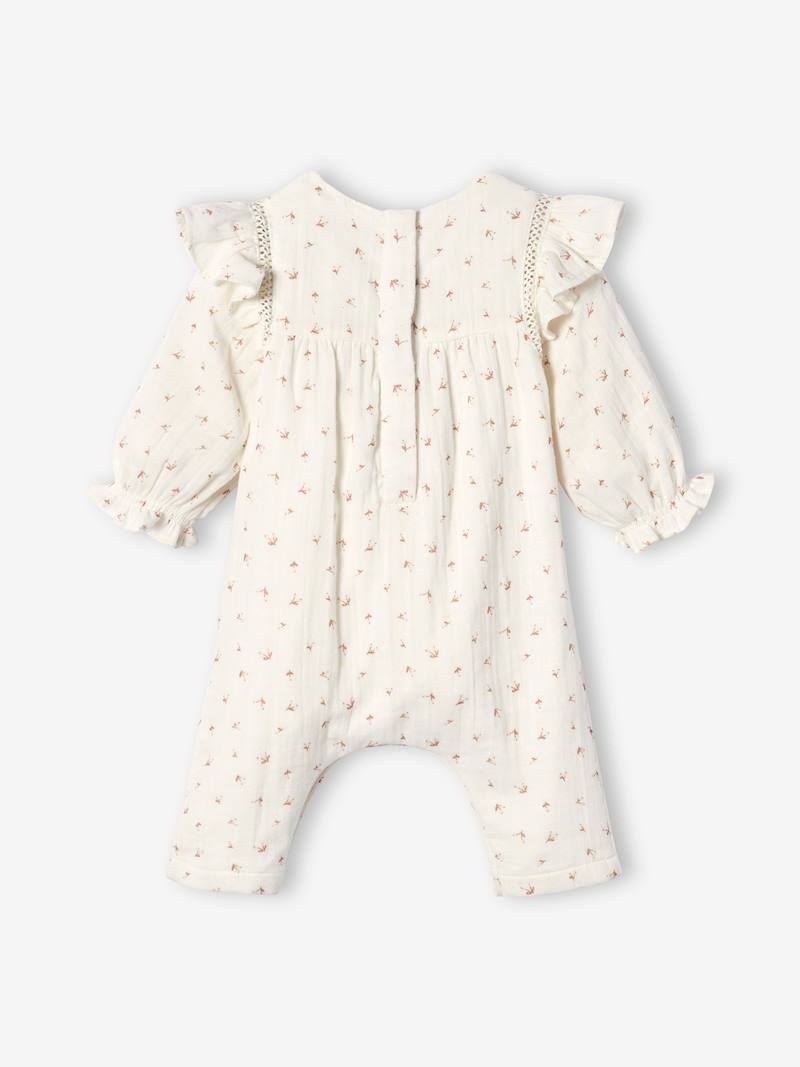 Cotton Gauze Jumpsuit with Ruffle, Lined, for Babies white light all over printed, Baby