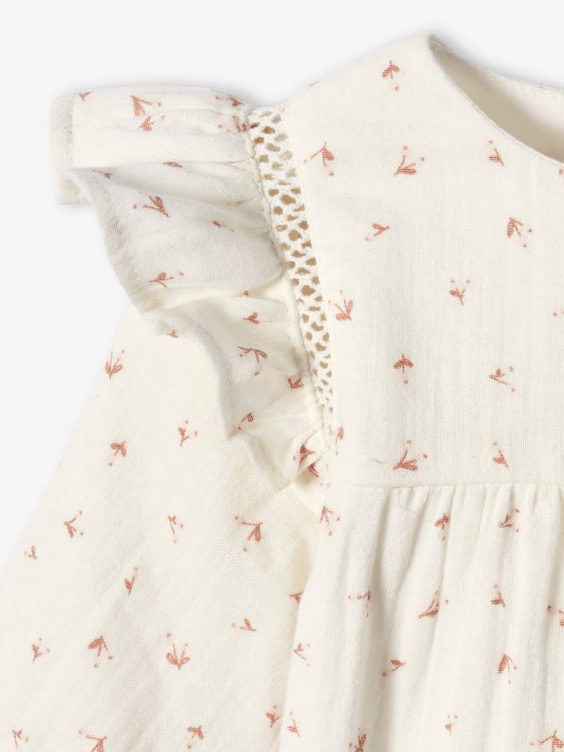 Cotton Gauze Jumpsuit with Ruffle, Lined, for Babies white light all