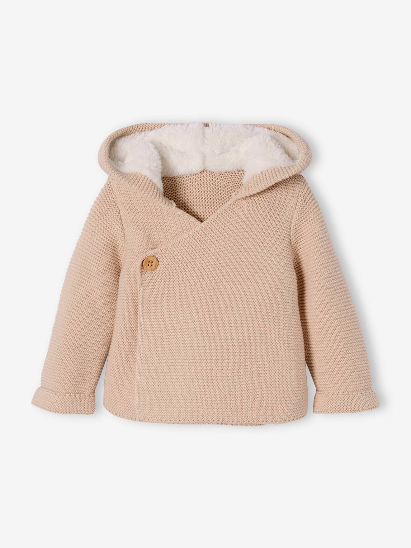 Hooded Cardigan for Babies, Faux Fur Lining beige medium solid