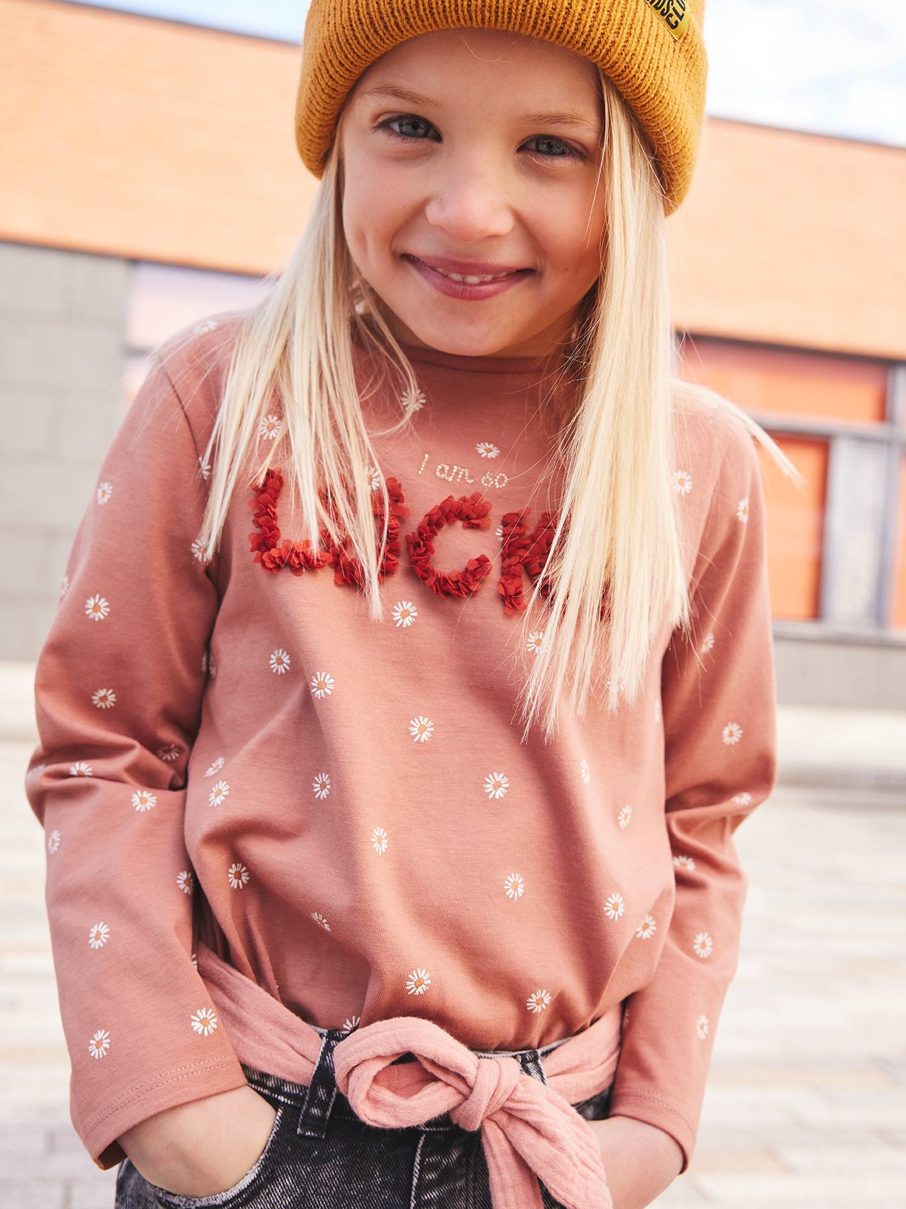 Printed Top with Crimped Inscription in Relief, for Girls brown medium all over printed