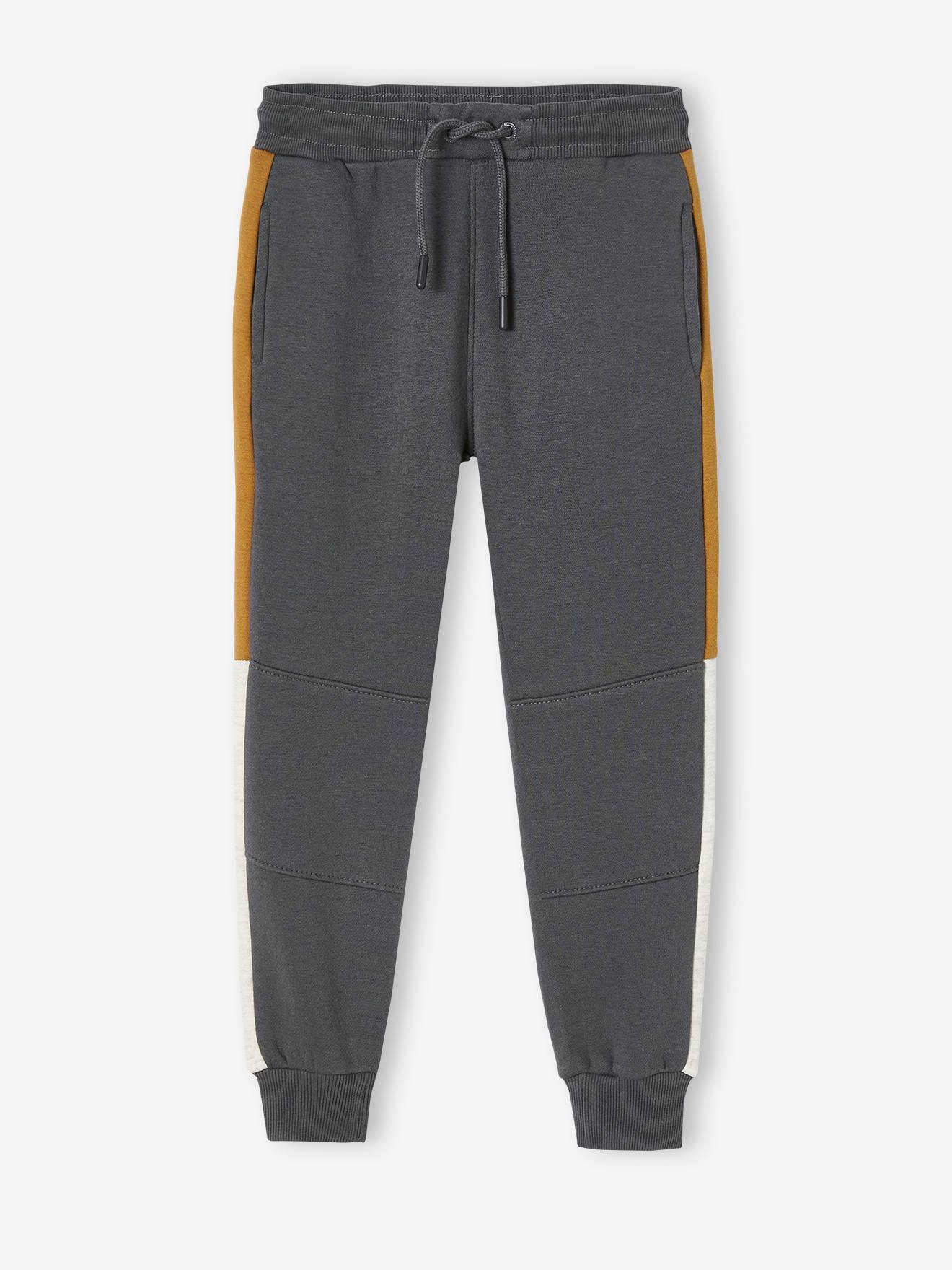 Fleece Joggers with Two-Tone Side Stripes for Boys grey dark solid with design