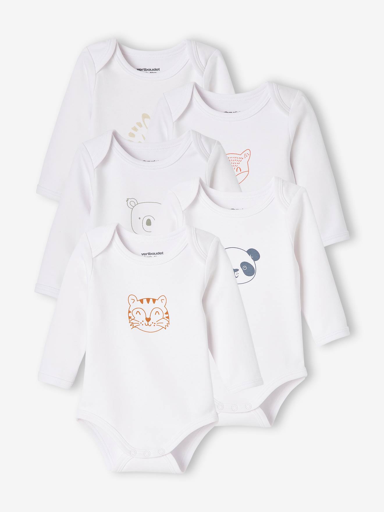 Pack of 5 "Animals" Long Sleeve Bodysuits for Newborn Babies, Cutaway Shoulders white light two color/multicol