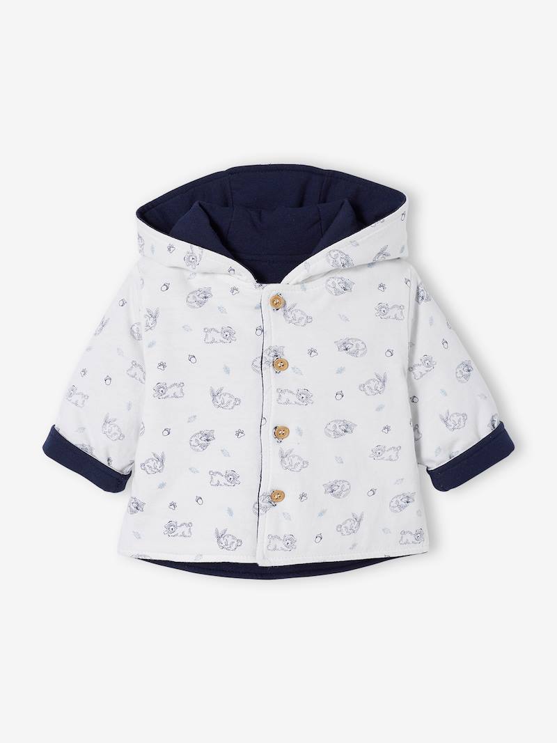 Reversible Hooded Jacket for Babies blue dark solid with design, Baby