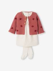 Baby-Dresses & Skirts-Embroidered Cardigan + Fleece Dress + Tights Outfit for Babies