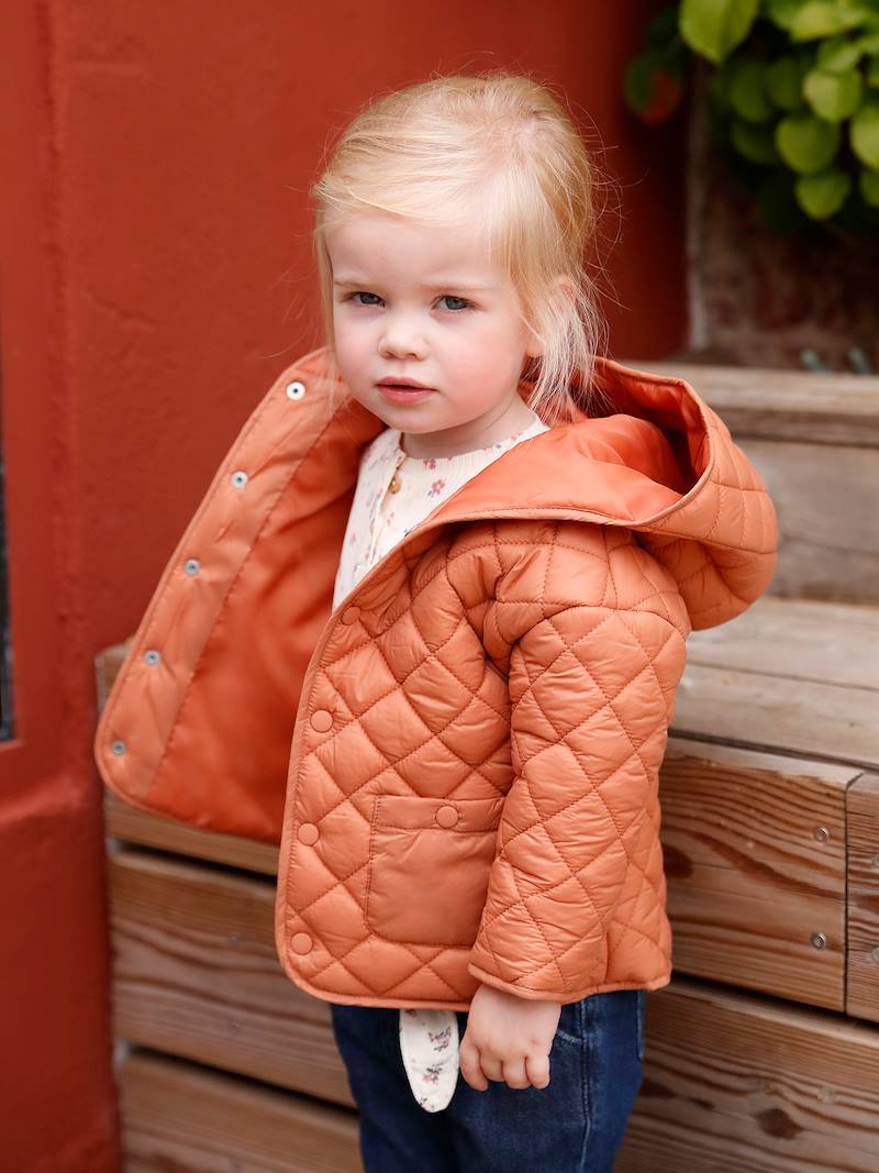 Padded Jacket with Hood for Babies orange dark solid, Baby Vertbaudet