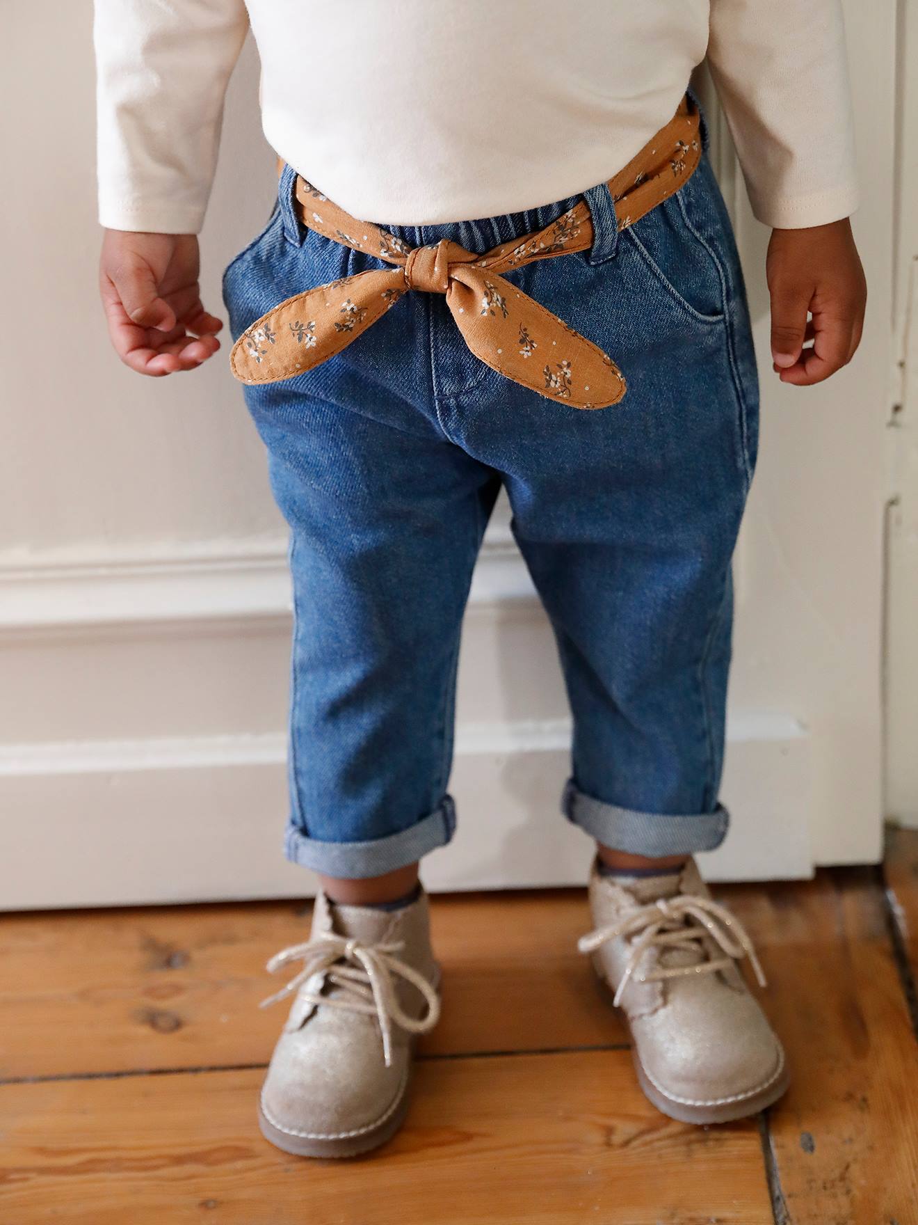 Trousers with Fabric Belt for Babies - blue medium solid with