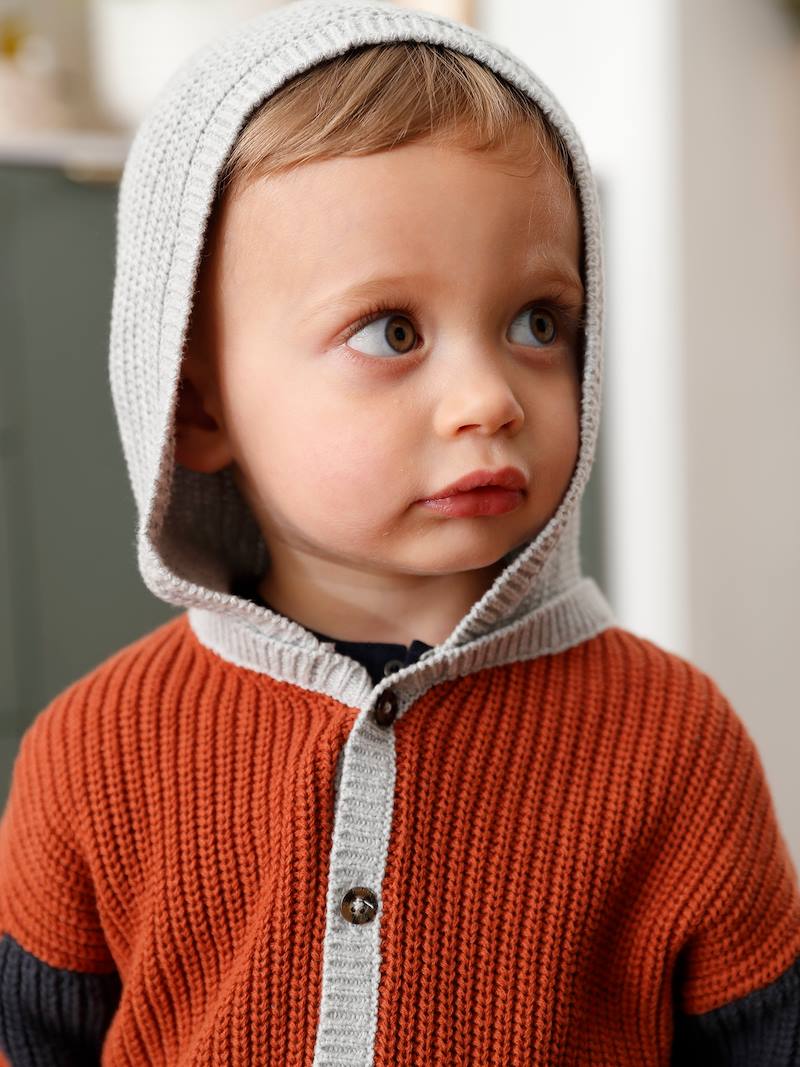 Knitted Cardigan with Hood, for Babies red dark solid with design