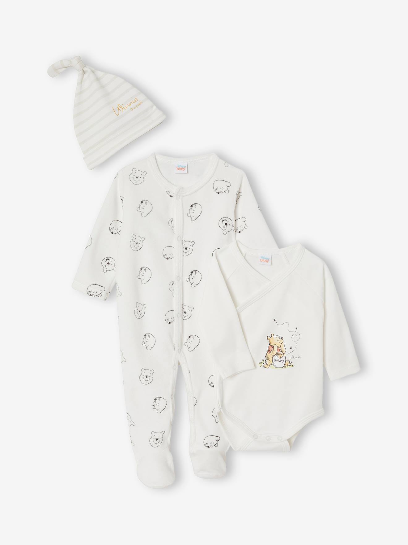 Winnie the Pooh Sleepsuit + Bodysuit + Beanie Set for Baby Boys by Disney(r) beige light all over printed