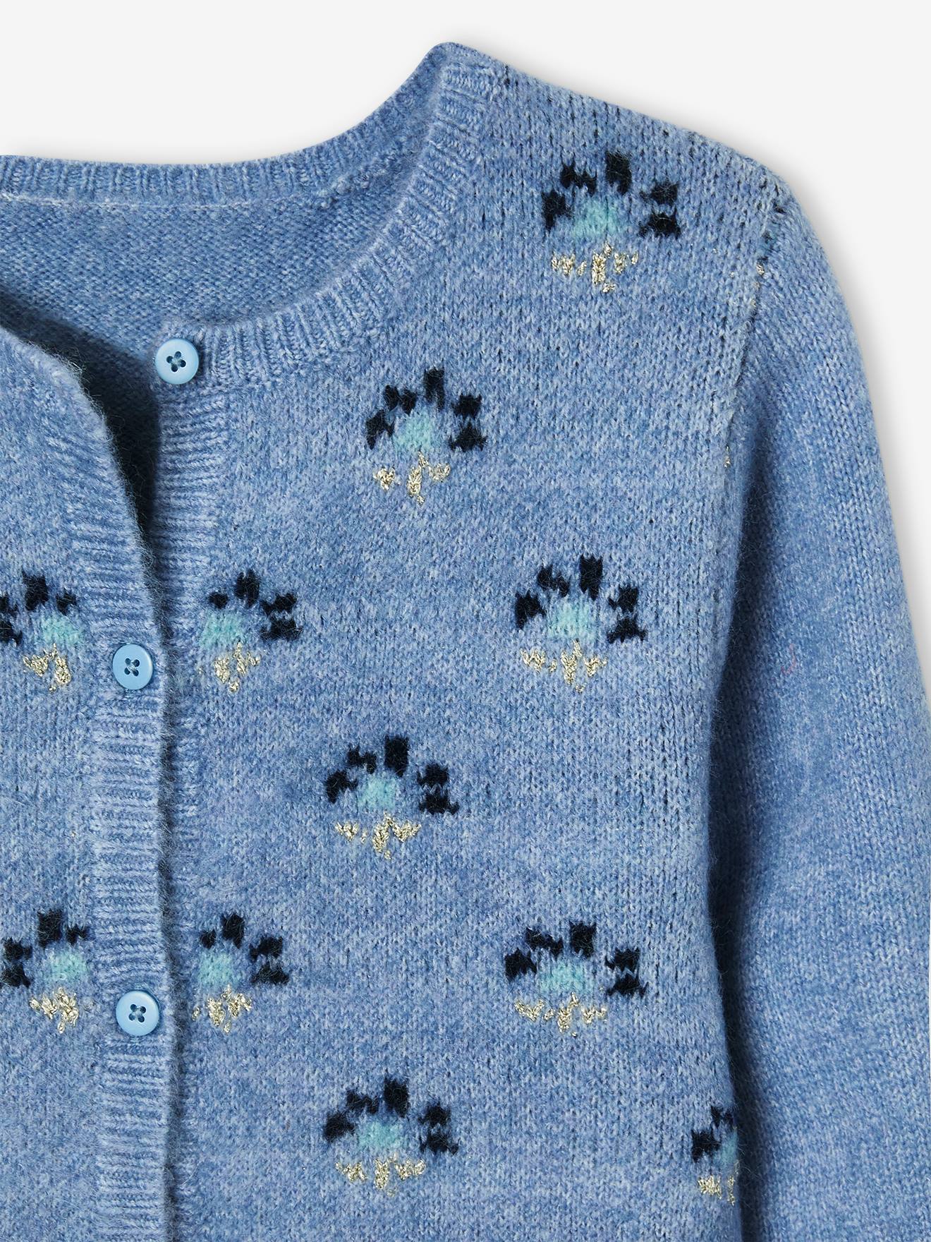 Jacquard Cardigan, Printed Flowers Enhanced by Shimmery Thread, for Girls -  blue medium solid