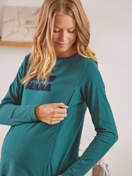 Top with Message, in Organic Cotton, Maternity & Nursing BLUE DARK SOLID+GREEN DARK SOLID WITH DESIGN 