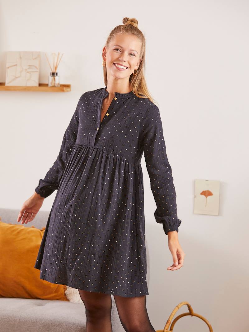 Dress in Printed Cotton Gauze, Maternity & Nursing Special grey dark